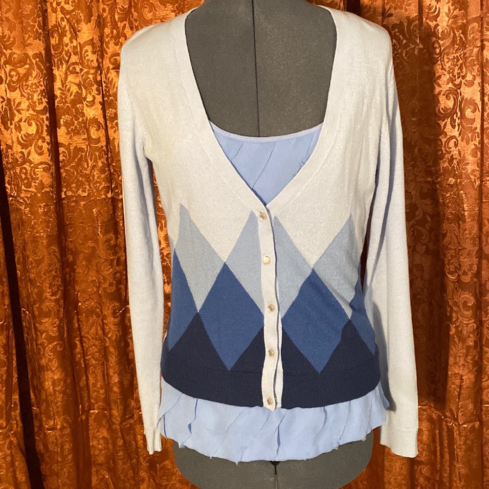 Blue and White Argyle Cardigan